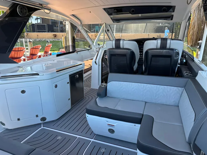  Yacht Photos Pics Interior of 2022 Galeon 325 GTO yacht with modern seating and sleek design.