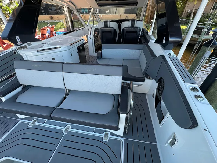  Yacht Photos Pics 2022 Galeon 325 GTO luxury yacht interior with sleek seating and modern design.