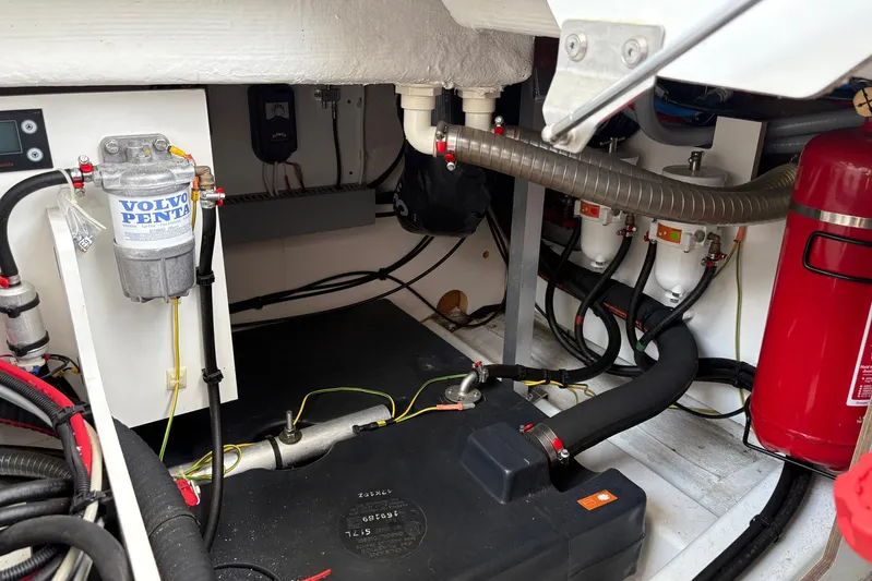  Yacht Photos Pics Engine compartment of a 2019 Jeanneau NC 33 boat with Volvo Penta components.