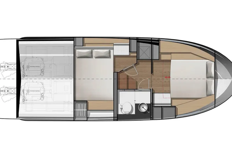  Yacht Photos Pics Floor plan of 2019 Jeanneau NC 33 boat, featuring cabins and bathroom layout.