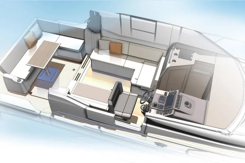  Yacht Photos Pics Interior layout of 2019 Jeanneau NC 33 boat, featuring seating and helm station.