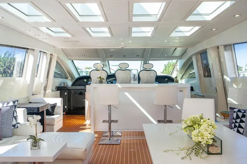 Venture Yacht Photos Pics Luxurious interior of 2007 Arno Leopard 31 yacht with modern seating and skylights.