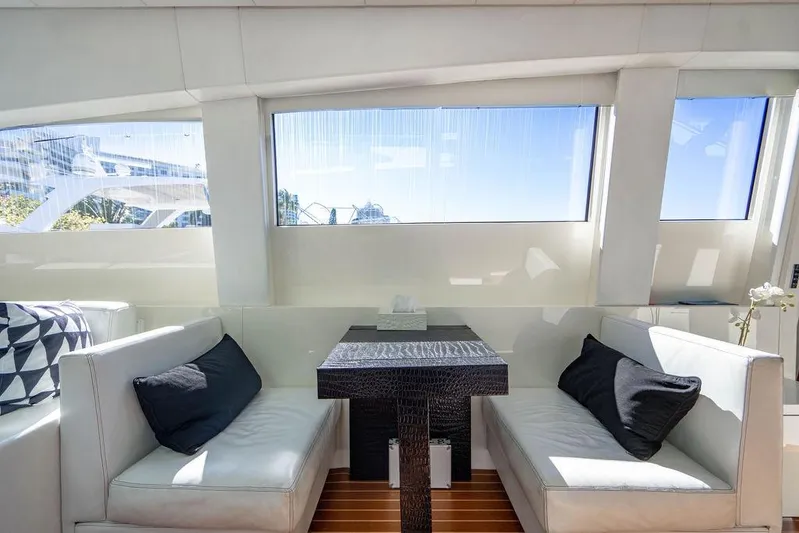 Venture Yacht Photos Pics Luxurious interior of 2007 Arno Leopard 31 yacht with elegant seating and modern decor.