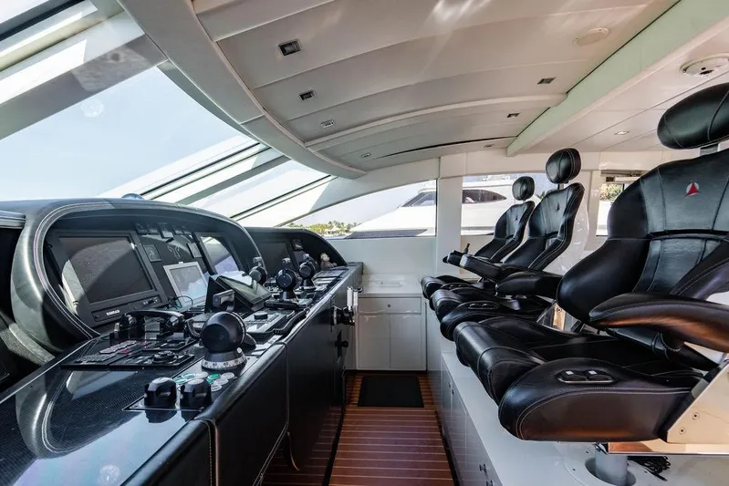 Venture Yacht Photos Pics Luxurious cockpit of 2007 Arno Leopard 31 yacht with advanced navigation controls and leather seating.