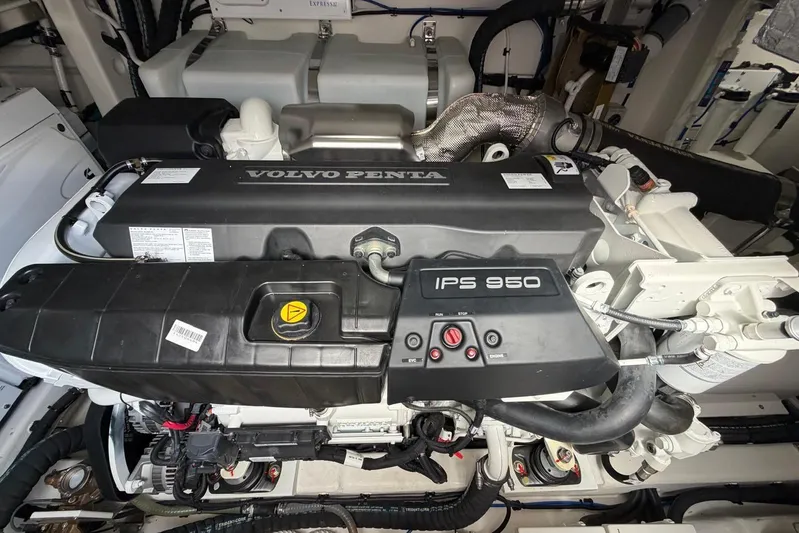  Yacht Photos Pics Engine compartment of 2026 Riviera 505 SUV featuring Volvo Penta IPS 950 system.