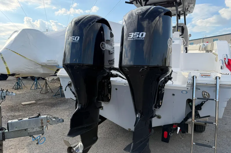  Yacht Photos Pics 2020 Sea Fox 328 Commander with twin Yamaha 350 outboard engines, docked outdoors.