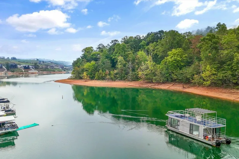  Yacht Photos Pics Houseboat on serene lake with lush green shoreline, Gospel 39 model, 2024.