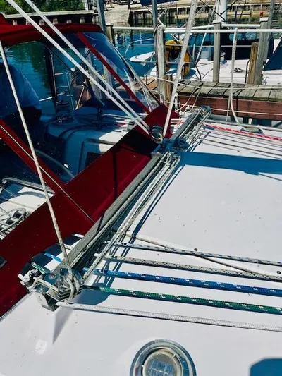 Sail N By Yacht Photos Pics Sailboat deck of 2001 Catalina 400 MkII with rigging and red canopy.