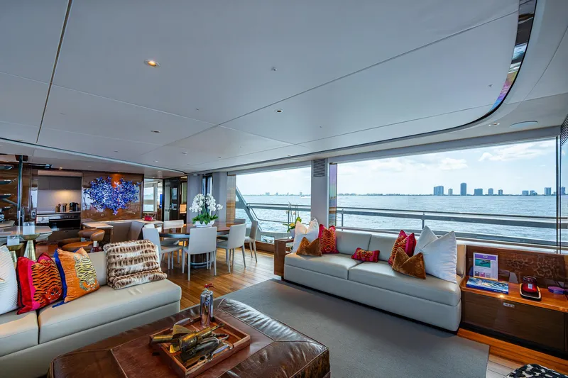  Yacht Photos Pics Luxurious interior of 2022 Princess X95 yacht with elegant seating and ocean view.