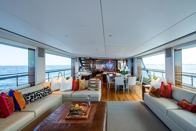  Yacht Photos Pics Luxurious interior of 2022 Princess X95 yacht with elegant seating and ocean views.