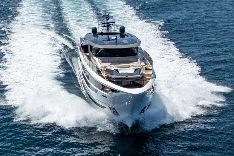  Yacht Photos Pics Luxury Princess X95 yacht cruising on open water, 2022 model.