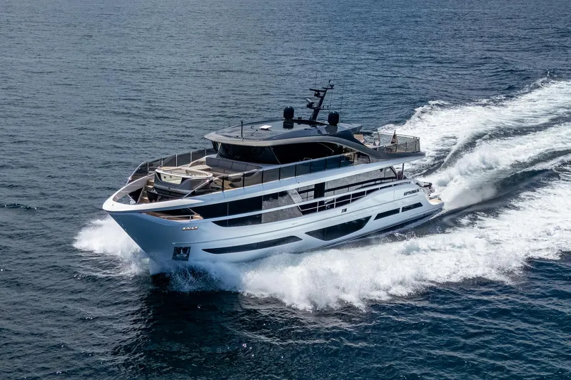  Yacht Photos Pics Luxury Princess X95 yacht cruising on open sea, 2022 model.