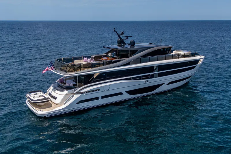  Yacht Photos Pics Luxury 2022 Princess X95 yacht cruising on open sea.