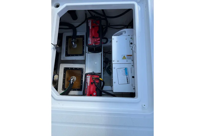 Sprinkles Yacht Photos Pics 2024 HCB 39 Speciale boat engine compartment with batteries and wiring.