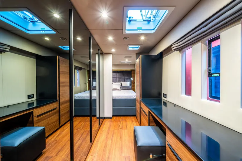 Surf Soul Yacht Photos Pics Luxurious interior of 2023 Sunreef 50 yacht with modern design and elegant furnishings.