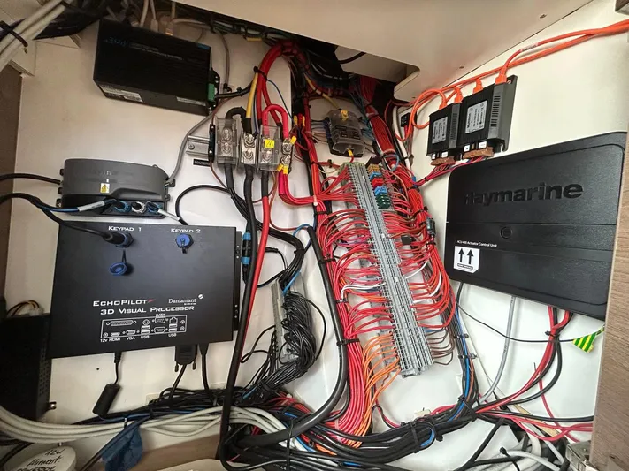 Voyager Yacht Photos Pics Electrical wiring and control units inside a 2023 Bali 5.4 yacht.