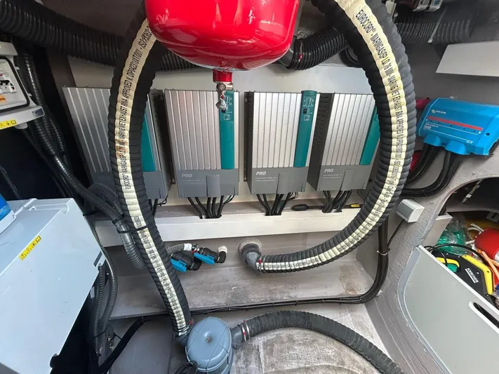 Voyager Yacht Photos Pics Electrical system setup in a 2023 Bali 5.4 model, featuring multiple components and wiring.