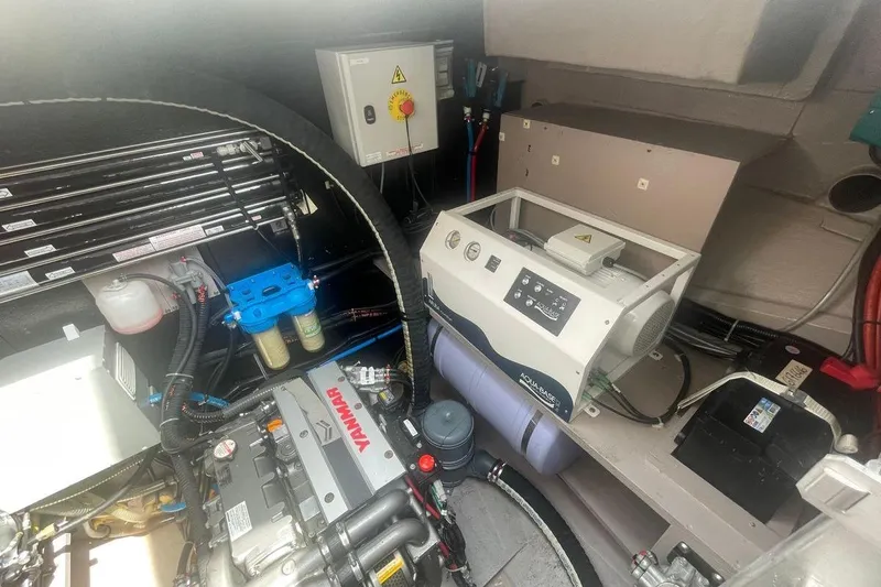 Voyager Yacht Photos Pics Engine room of 2023 Bali 5.4 yacht featuring Yanmar engine and Aqua-Base system.