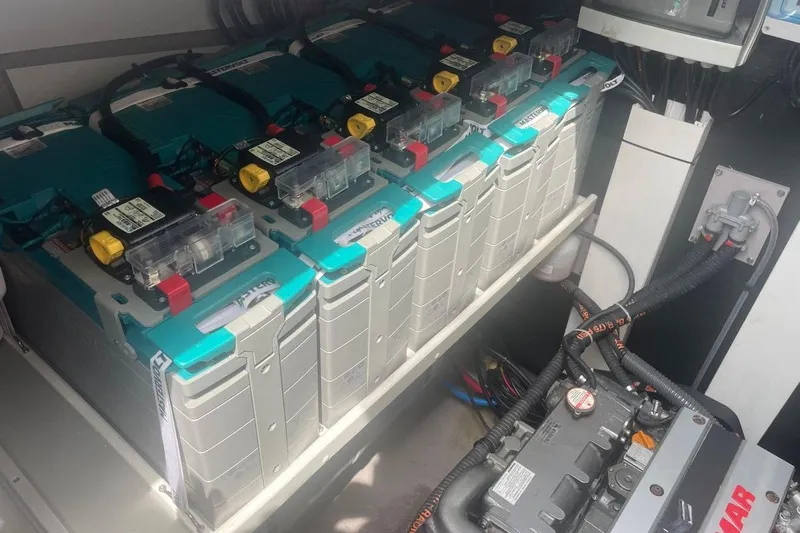 Voyager Yacht Photos Pics Battery system in a Bali 5.4 model, 2023, showcasing advanced electrical components.