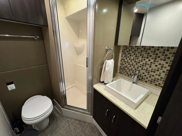 Casa De Luz Yacht Photos Pics Bathroom interior of 2014 Carver C40 Command Bridge with shower, sink, and toilet.