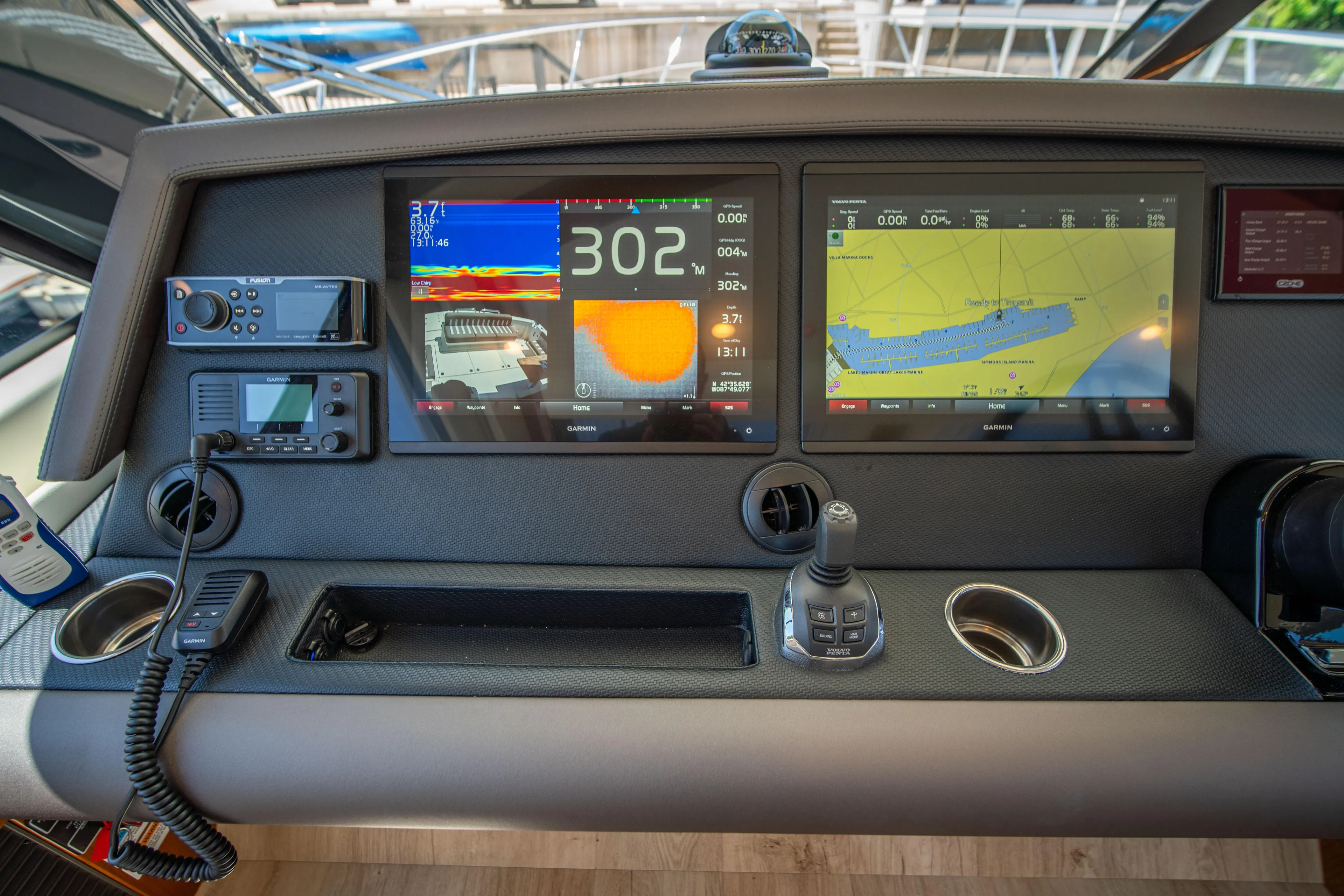  Yacht Photos Pics 2020 Riviera 525 SUV dashboard with navigation and control systems.