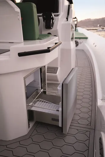  Yacht Photos Pics 2025 Panamera Yacht PY 110 Veloce with open onboard refrigerator, sleek deck design.