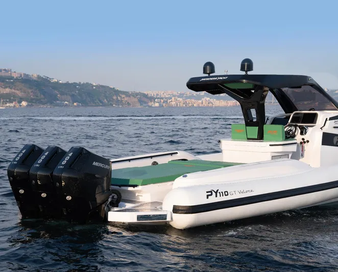  Yacht Photos Pics Panamera Yacht PY 110 Veloce 2025 on water, featuring triple Mercury engines.