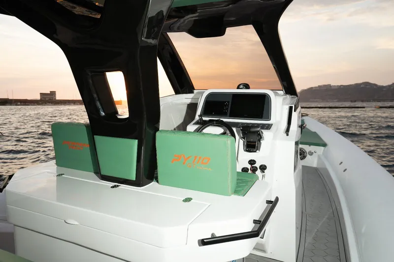  Yacht Photos Pics 2025 Panamera Yacht PY 110 Veloce cockpit at sunset on the water.