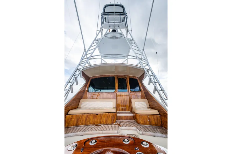Flying B Yacht Photos Pics 2018 French Yachts Custom Express Sportfish with elegant wood finish and tower.