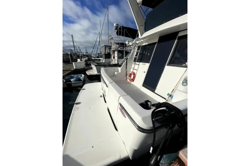 Yeah Buddy Yacht Photos Pics 2001 Bayliner 3988 Command Bridge Motoryacht docked at marina under blue sky.