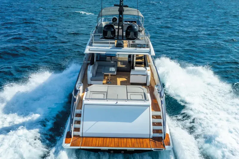 No Name Yacht Photos Pics 2019 Azimut S7 yacht cruising on open sea, showcasing luxurious deck and sleek design.