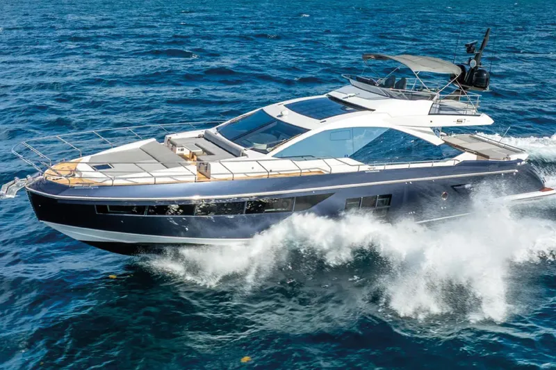 No Name Yacht Photos Pics Luxury 2019 Azimut S7 yacht cruising on open sea, showcasing sleek design and elegance.