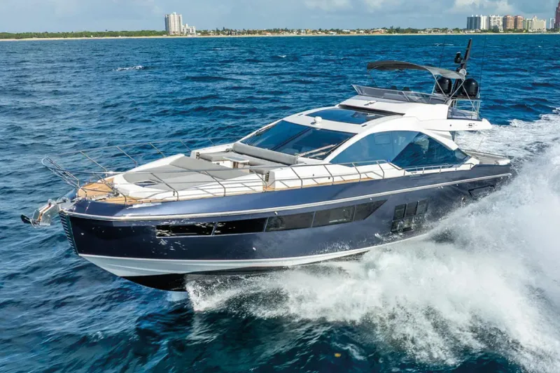 No Name Yacht Photos Pics 2019 Azimut S7 yacht cruising on open blue ocean waters.