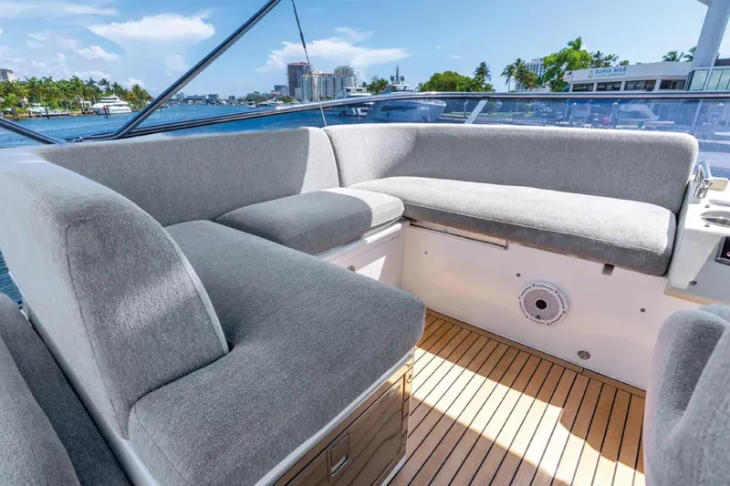 No Name Yacht Photos Pics Luxurious seating area on 2019 Azimut S7 yacht with waterfront view.