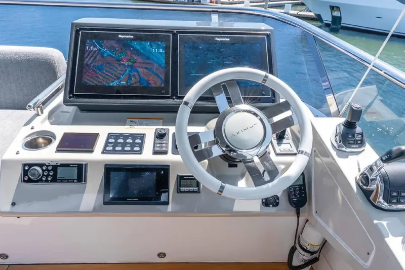 No Name Yacht Photos Pics Cockpit of 2019 Azimut S7 yacht with advanced navigation displays and controls.