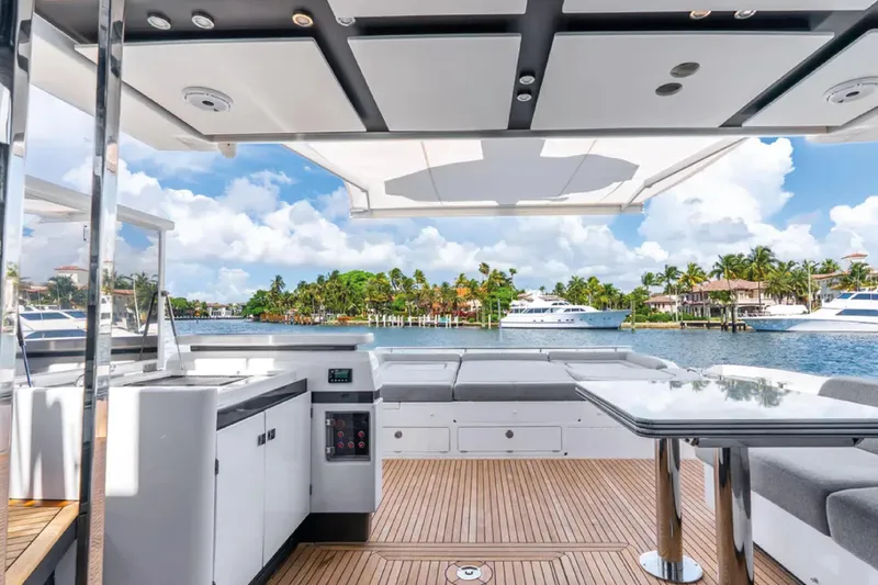 No Name Yacht Photos Pics Luxurious 2019 Azimut S7 yacht interior with scenic waterfront view.