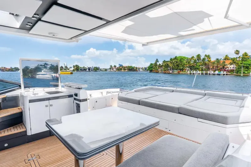 No Name Yacht Photos Pics Luxurious 2019 Azimut S7 yacht interior with scenic waterfront view.