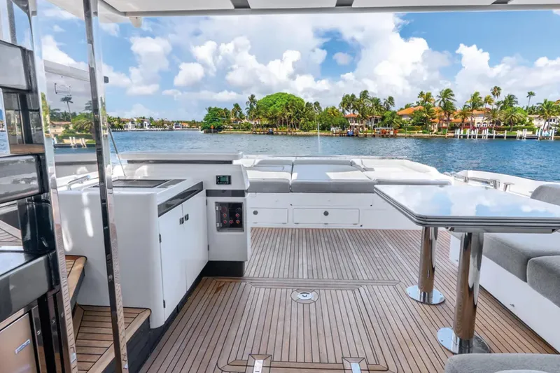 No Name Yacht Photos Pics Luxurious 2019 Azimut S7 yacht deck with scenic waterfront view.