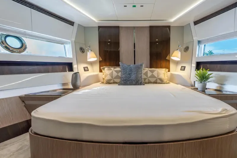 No Name Yacht Photos Pics Luxurious 2019 Azimut S7 yacht bedroom with modern decor and elegant lighting.