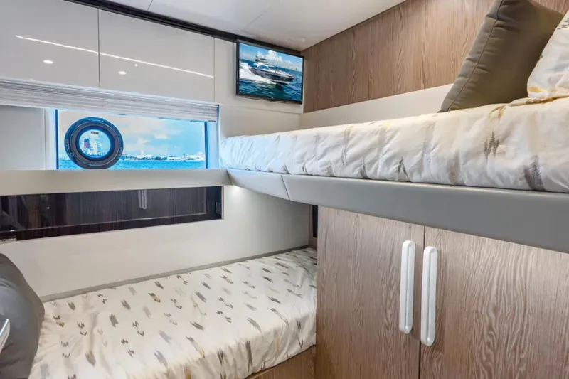 No Name Yacht Photos Pics Luxurious 2019 Azimut S7 yacht cabin with bunk beds and ocean view.