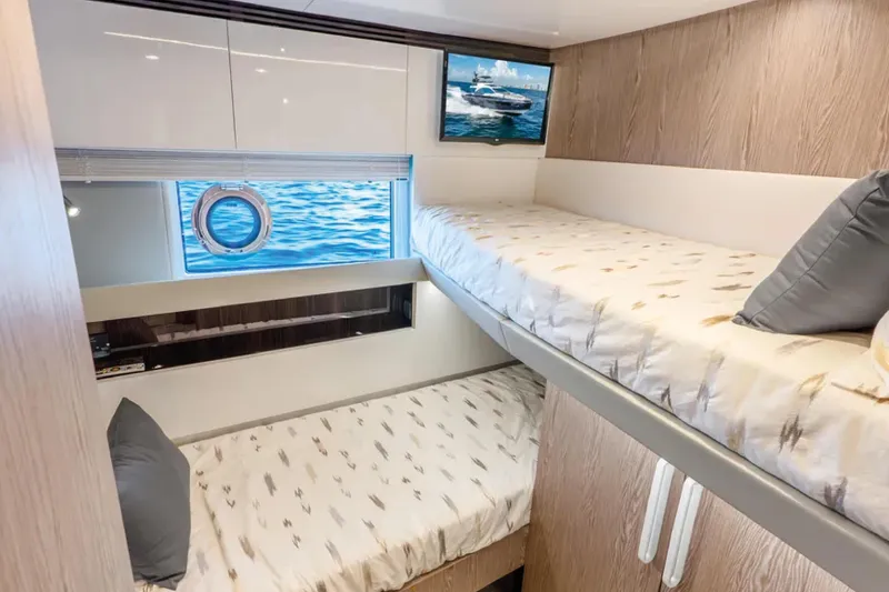 No Name Yacht Photos Pics 2019 Azimut S7 yacht interior with bunk beds and ocean view.