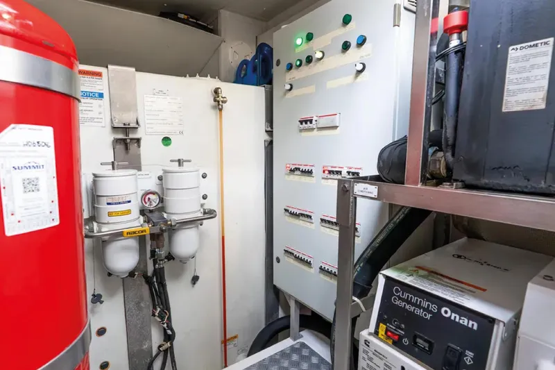 No Name Yacht Photos Pics Engine room of 2019 Azimut S7 yacht with Cummins Onan generator and control panel.