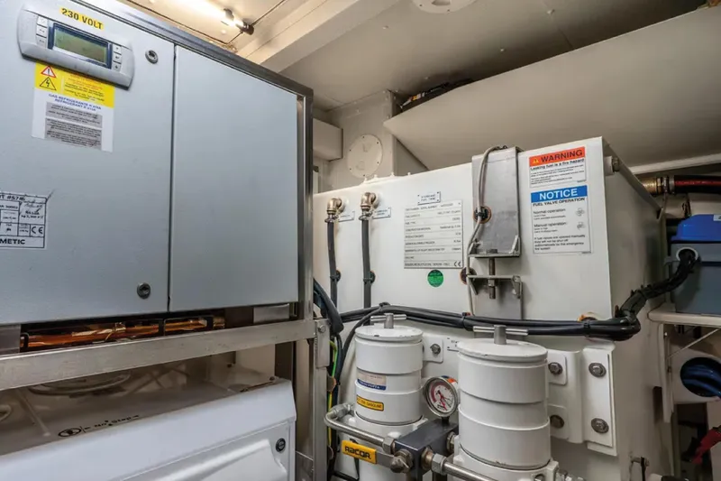 No Name Yacht Photos Pics Engine room of 2019 Azimut S7 yacht with electrical and fuel systems.