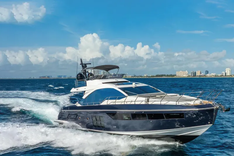 No Name Yacht Photos Pics Luxurious 2019 Azimut S7 yacht cruising on open blue sea.