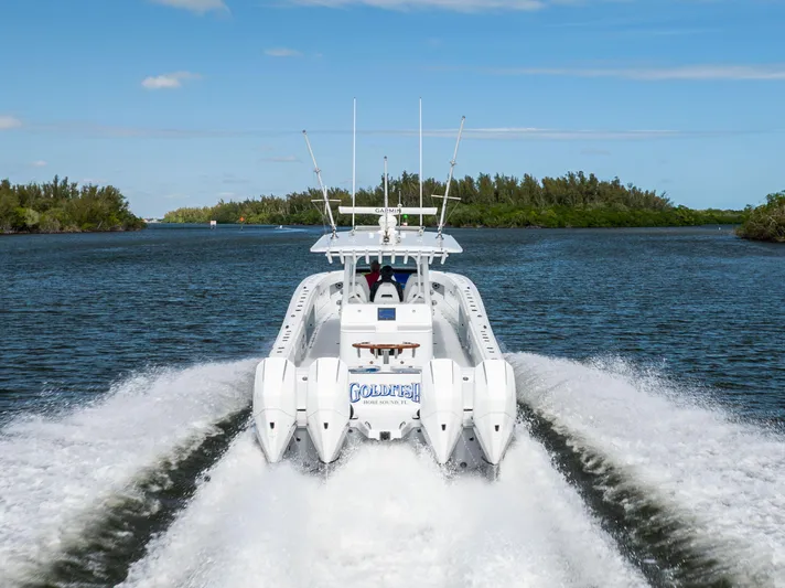  Yacht Photos Pics Freeman 43 boat cruising on water, 2023 model, surrounded by lush greenery.