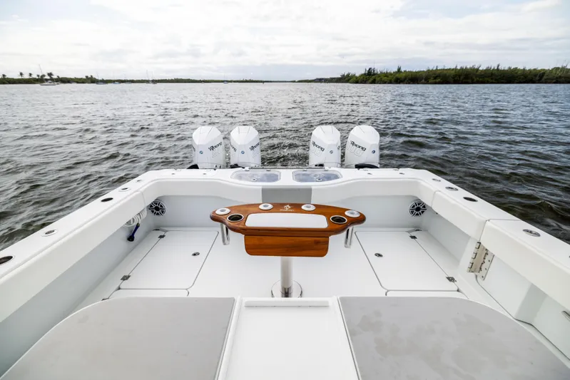  Yacht Photos Pics 2023 Freeman 43 boat with quad engines on open water.