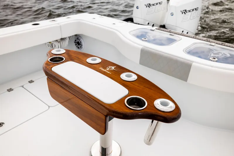  Yacht Photos Pics 2023 Freeman 43 boat with wooden fishing rod holder and dual Racing engines.