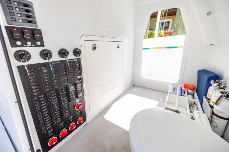  Yacht Photos Pics Electrical panel inside a 2023 Freeman 43 boat, featuring switches and safety equipment.