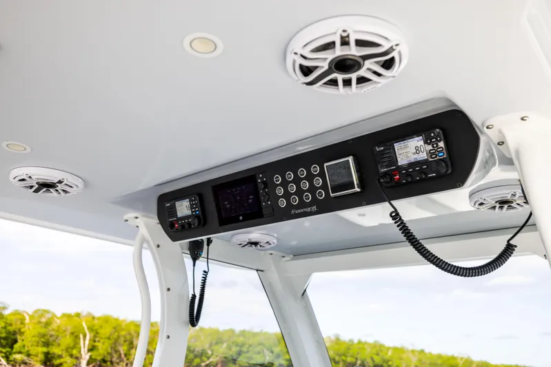  Yacht Photos Pics Freeman 43 boat console with modern controls and speakers, 2023 model.
