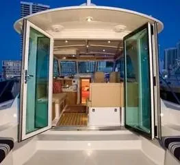 Liberty Call Yacht Photos Pics Manufacturer Provided Image of salon doors open